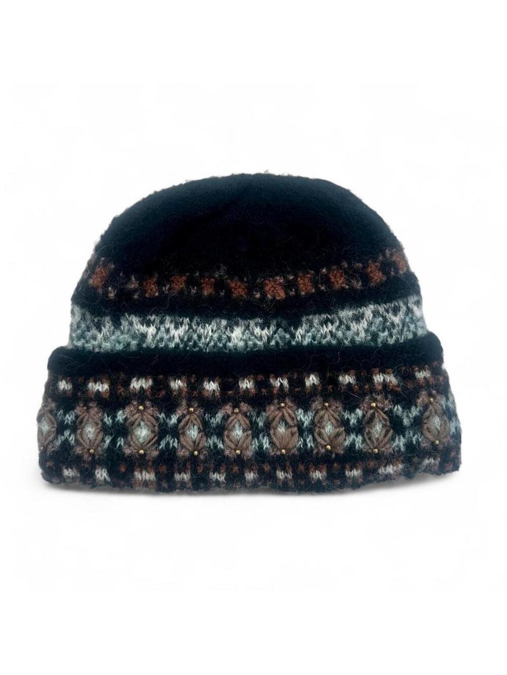 French Knot for Sundance Wool Beanie Black Brown Geometric Pattern Beads
